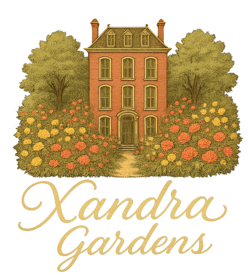 A large house surrounded by a garden with the name Xandra Gardens written below it.